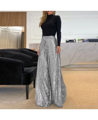 Women Sexy Sequins Shiny Party Pants Autumn Casual Wide Leg Hem Pleated Trousers Ladies Fashion High Waist Office Sweatpants ...