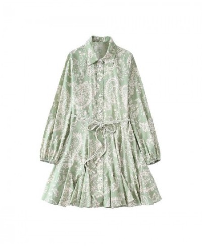 Women Fashion Paisley Floral Print Belt Mini Shirt Dress Female Chic Casual Big Swing Hem Pleat Green Vestidos DS9353 $34.54 ...