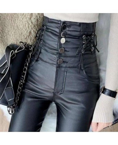 Women High Waisted Faux Leather Pants PU Leggings Single-Breasted Plus Velvet Matte Skinny Leggings Black Sexy Pencil Pants $...