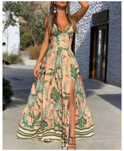 Tropical Print High Slit Maxi Dress Women Floral Backless Summer Party Dresses High Waist Boho Split Long V-Neck Beach Vestid...
