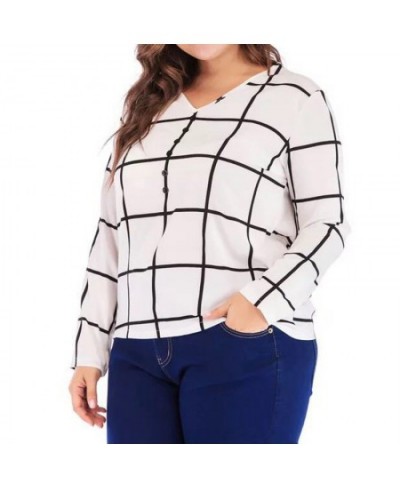 Plus Size V-Neck Plaid Print Spring Autumn T-Shirt All-match White Loose Long Sleeve Patchwork Button Chiffon Pullover Lady $...