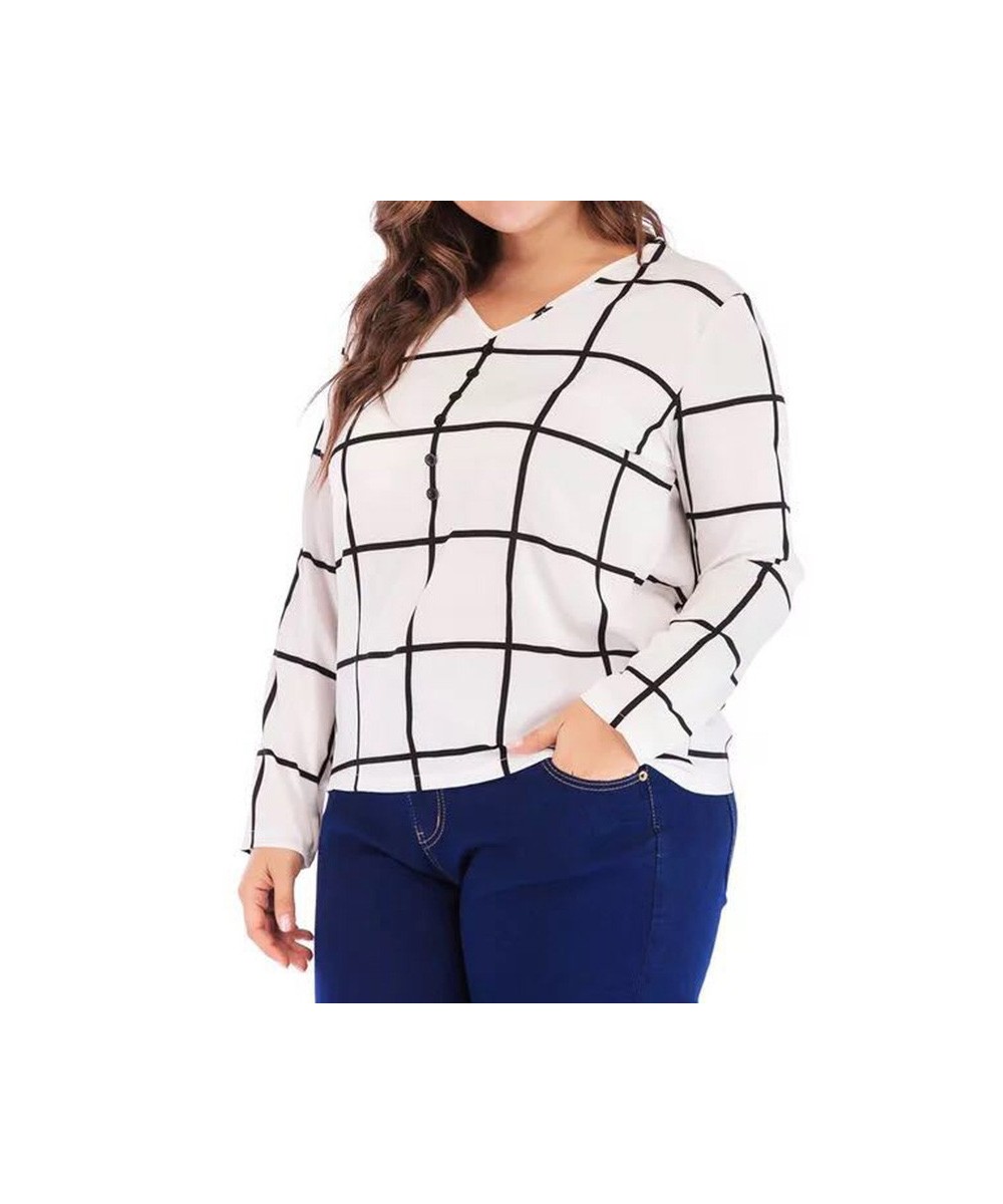 Plus Size V-Neck Plaid Print Spring Autumn T-Shirt All-match White Loose Long Sleeve Patchwork Button Chiffon Pullover Lady $...