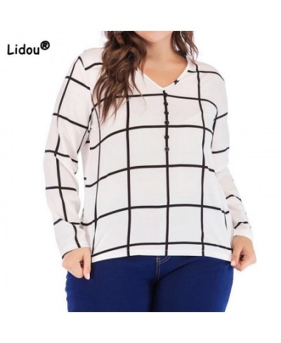 Plus Size V-Neck Plaid Print Spring Autumn T-Shirt All-match White Loose Long Sleeve Patchwork Button Chiffon Pullover Lady $...