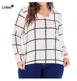 Plus Size V-Neck Plaid Print Spring Autumn T-Shirt All-match White Loose Long Sleeve Patchwork Button Chiffon Pullover Lady $...