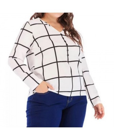 Plus Size V-Neck Plaid Print Spring Autumn T-Shirt All-match White Loose Long Sleeve Patchwork Button Chiffon Pullover Lady $...