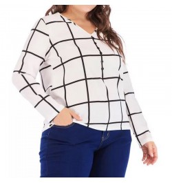 Plus Size V-Neck Plaid Print Spring Autumn T-Shirt All-match White Loose Long Sleeve Patchwork Button Chiffon Pullover Lady $...