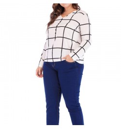 Plus Size V-Neck Plaid Print Spring Autumn T-Shirt All-match White Loose Long Sleeve Patchwork Button Chiffon Pullover Lady $...