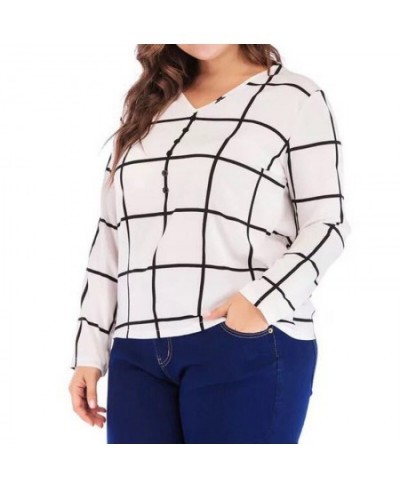 Plus Size V-Neck Plaid Print Spring Autumn T-Shirt All-match White Loose Long Sleeve Patchwork Button Chiffon Pullover Lady $...