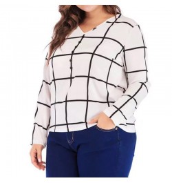 Plus Size V-Neck Plaid Print Spring Autumn T-Shirt All-match White Loose Long Sleeve Patchwork Button Chiffon Pullover Lady $...