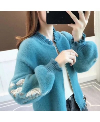 Imitation Mink Cashmere Embroidered Cardigan Women Korean Style Ruffle Collar Sweater Jacket Casual Lantern Sleeve Knitted Co...