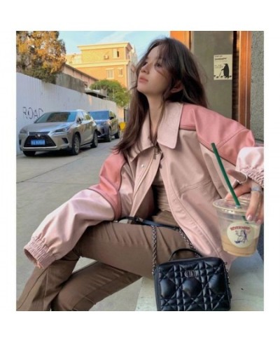 Vintage Pink Leather Coat Panel Contrast Short Coat Women Spring and Autumn 2023 New Casual Loose Pu Leather Motorcycle Jacke...