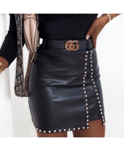 High Waist PU Faux Leather Women Skirt Rhinestone Elengant High Waist Leather Pencil Mini Length Skirt Pearl Chic Streetwear ...