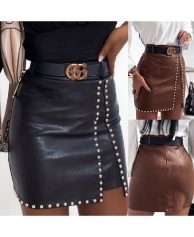 High Waist PU Faux Leather Women Skirt Rhinestone Elengant High Waist Leather Pencil Mini Length Skirt Pearl Chic Streetwear ...