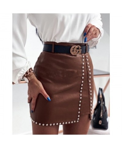 High Waist PU Faux Leather Women Skirt Rhinestone Elengant High Waist Leather Pencil Mini Length Skirt Pearl Chic Streetwear ...