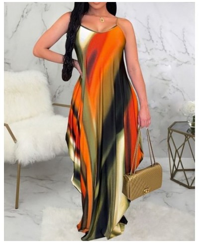 Dress Women Elegant Spaghetti Straps V Neck All Over Colors Print Asymmetrical Maxi Sexy Dress $38.15 - Dresses