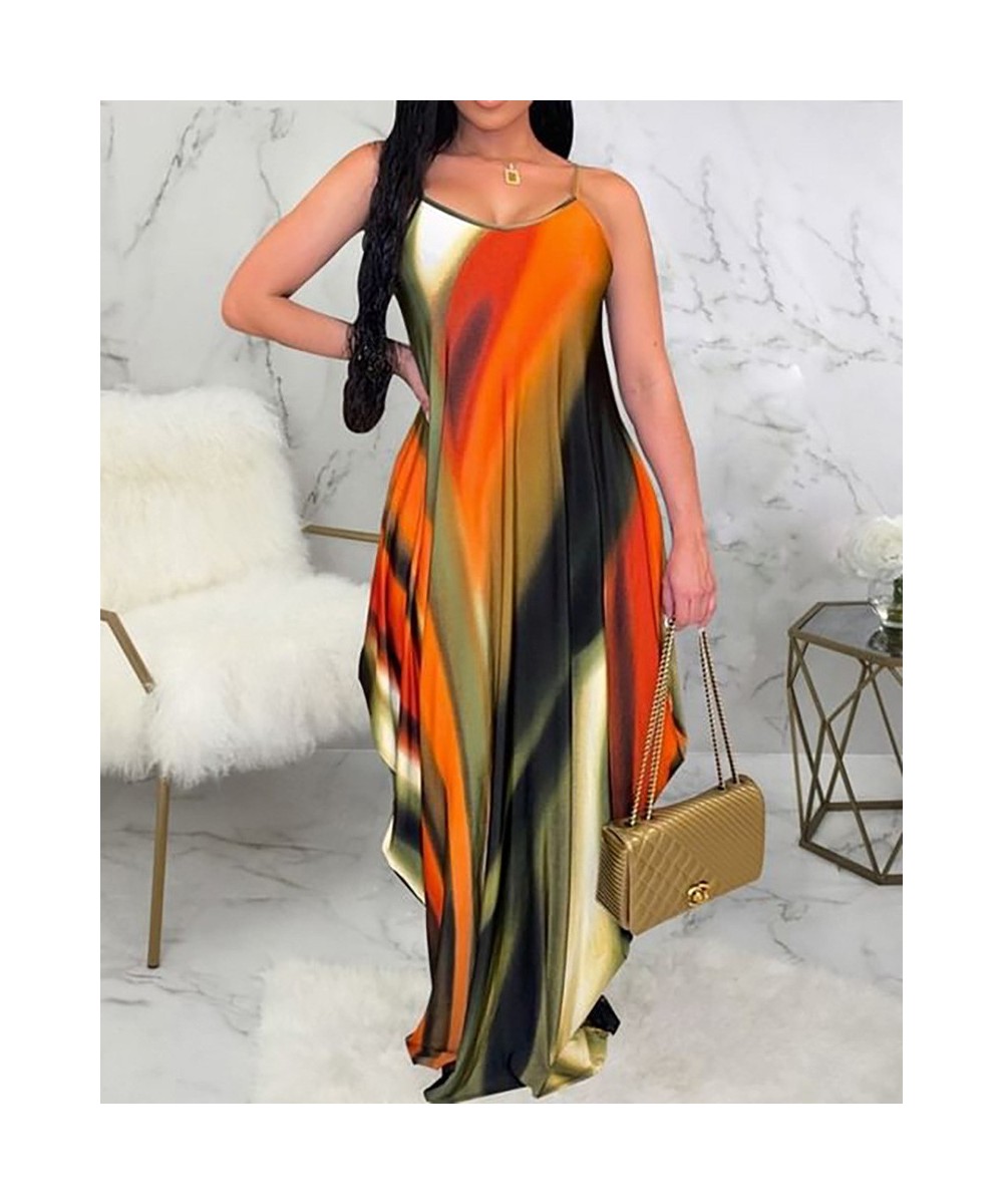 Dress Women Elegant Spaghetti Straps V Neck All Over Colors Print Asymmetrical Maxi Sexy Dress $38.15 - Dresses