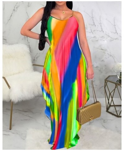 Dress Women Elegant Spaghetti Straps V Neck All Over Colors Print Asymmetrical Maxi Sexy Dress $38.15 - Dresses