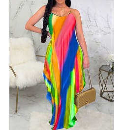 Dress Women Elegant Spaghetti Straps V Neck All Over Colors Print Asymmetrical Maxi Sexy Dress $38.15 - Dresses