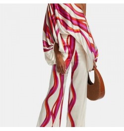 Fashion Red Wave Striped Print Casual Set Sexy Skew Collar Off Shoulder Tops & Pants Outfits Women Lantern Sleeve Blouse Suit...