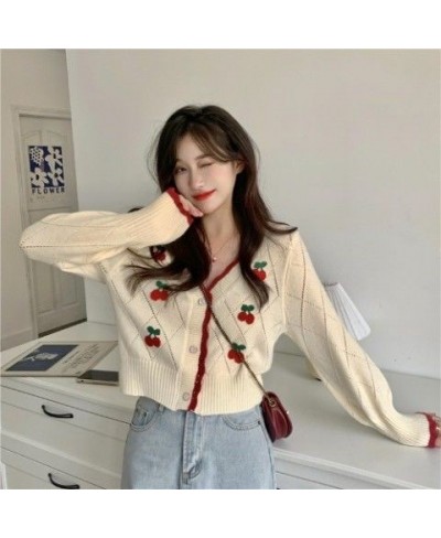 Autumn Cardigans Women Sweet Elegant V-neck Lovely Cherry Patchwork Ladies Outwear Gentle High Street Leisure Trendy Chic $27...