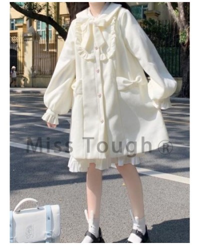 Warm Winter Kawaii Sweet Coat Women White Japanese Cute Long Wool Coat Female Peter Pan Collar Loose Korean Style Overcoat 20...