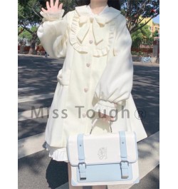 Warm Winter Kawaii Sweet Coat Women White Japanese Cute Long Wool Coat Female Peter Pan Collar Loose Korean Style Overcoat 20...