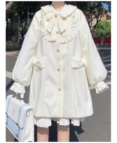 Warm Winter Kawaii Sweet Coat Women White Japanese Cute Long Wool Coat Female Peter Pan Collar Loose Korean Style Overcoat 20...