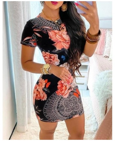 Dresses for Women 2023 Summer Fashion Graphic Floral Print Casual Daily Skinny O-Neck Short Sleeve Ruffles Bodycon Mini Dress...