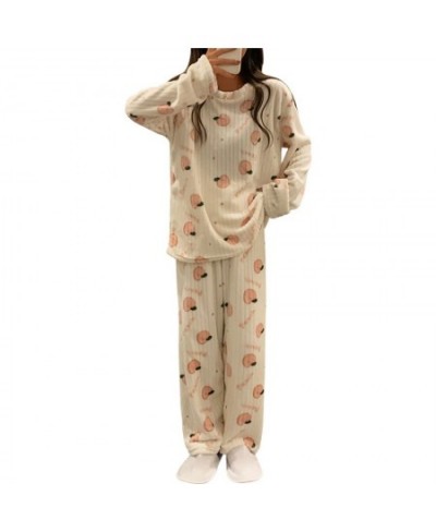 Women Winter Flannel Pajama Set Fleece Pyjamas Sleepwear Homewear Strip Kawaii Print Warm Velvet Female Suit Ladies Pijama Se...