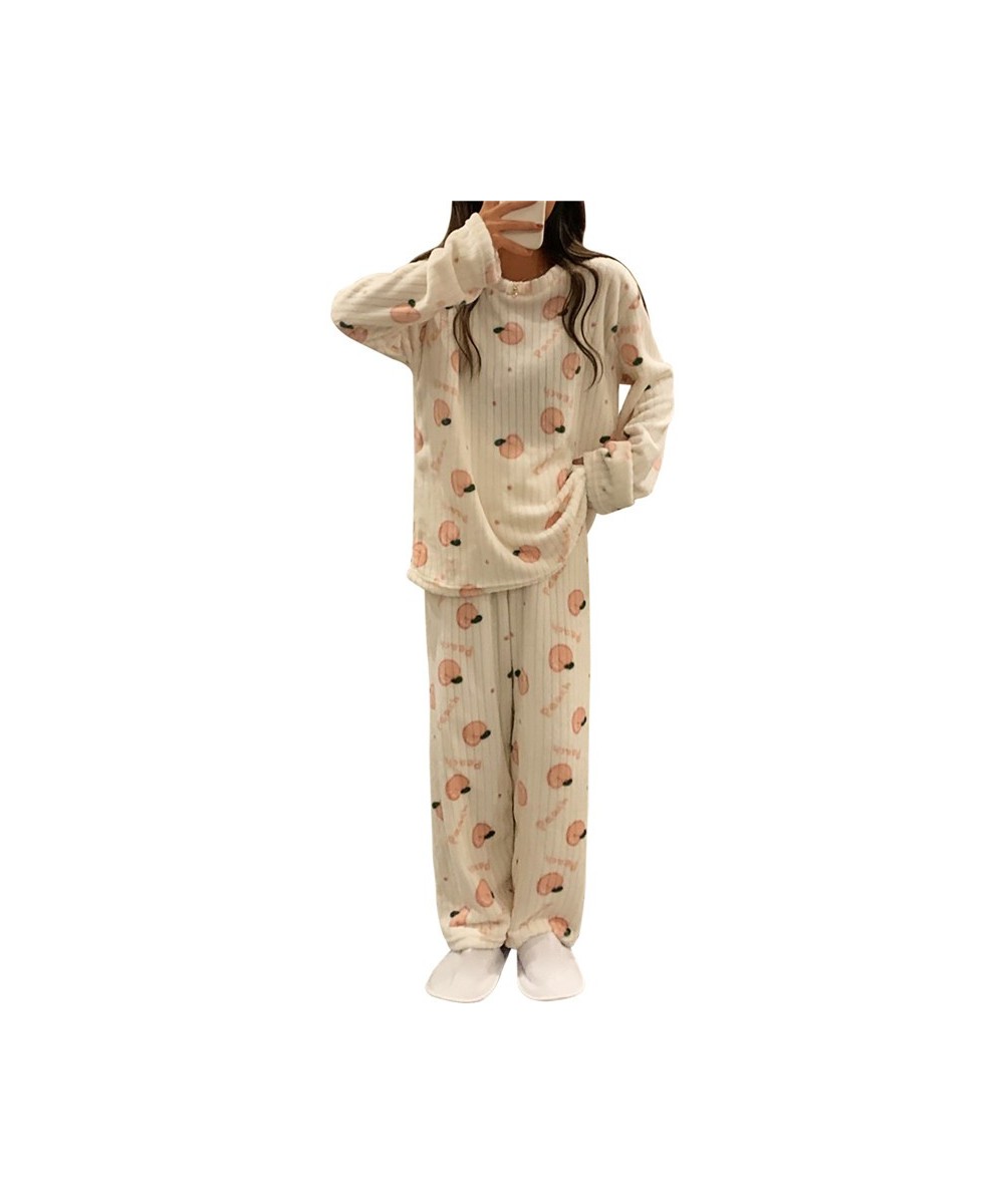 Women Winter Flannel Pajama Set Fleece Pyjamas Sleepwear Homewear Strip Kawaii Print Warm Velvet Female Suit Ladies Pijama Se...