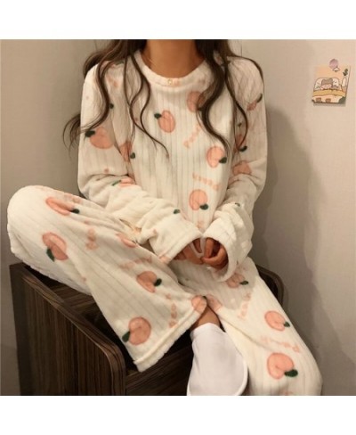 Women Winter Flannel Pajama Set Fleece Pyjamas Sleepwear Homewear Strip Kawaii Print Warm Velvet Female Suit Ladies Pijama Se...