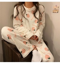 Women Winter Flannel Pajama Set Fleece Pyjamas Sleepwear Homewear Strip Kawaii Print Warm Velvet Female Suit Ladies Pijama Se...