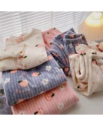 Women Winter Flannel Pajama Set Fleece Pyjamas Sleepwear Homewear Strip Kawaii Print Warm Velvet Female Suit Ladies Pijama Se...