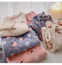 Women Winter Flannel Pajama Set Fleece Pyjamas Sleepwear Homewear Strip Kawaii Print Warm Velvet Female Suit Ladies Pijama Se...