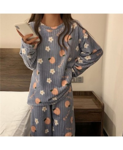 Women Winter Flannel Pajama Set Fleece Pyjamas Sleepwear Homewear Strip Kawaii Print Warm Velvet Female Suit Ladies Pijama Se...