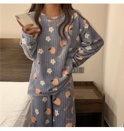 Women Winter Flannel Pajama Set Fleece Pyjamas Sleepwear Homewear Strip Kawaii Print Warm Velvet Female Suit Ladies Pijama Se...