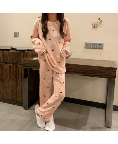 Women Winter Flannel Pajama Set Fleece Pyjamas Sleepwear Homewear Strip Kawaii Print Warm Velvet Female Suit Ladies Pijama Se...