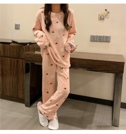 Women Winter Flannel Pajama Set Fleece Pyjamas Sleepwear Homewear Strip Kawaii Print Warm Velvet Female Suit Ladies Pijama Se...