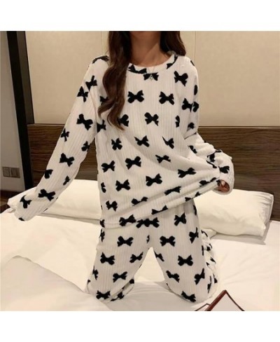 Women Winter Flannel Pajama Set Fleece Pyjamas Sleepwear Homewear Strip Kawaii Print Warm Velvet Female Suit Ladies Pijama Se...