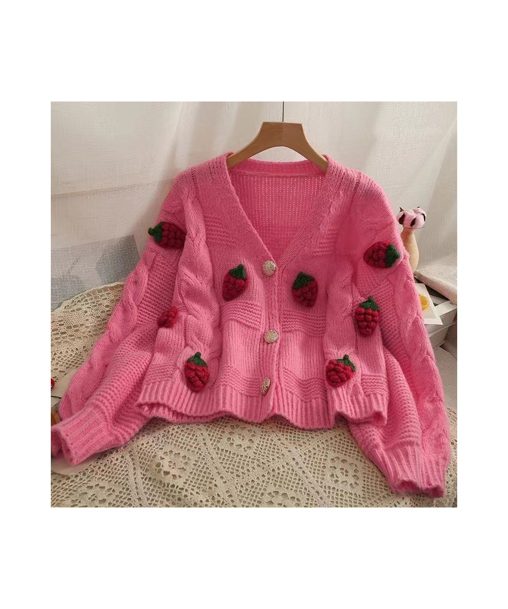 Sweaters Cardigan Female Strawberries 3D Embroidery Women Knitted Sweater Autumn Korean Sweet Kawaii V Neck Mujer Tops $40.77...