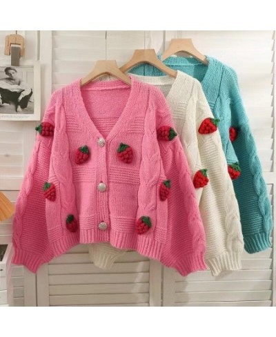 Sweaters Cardigan Female Strawberries 3D Embroidery Women Knitted Sweater Autumn Korean Sweet Kawaii V Neck Mujer Tops $40.77...