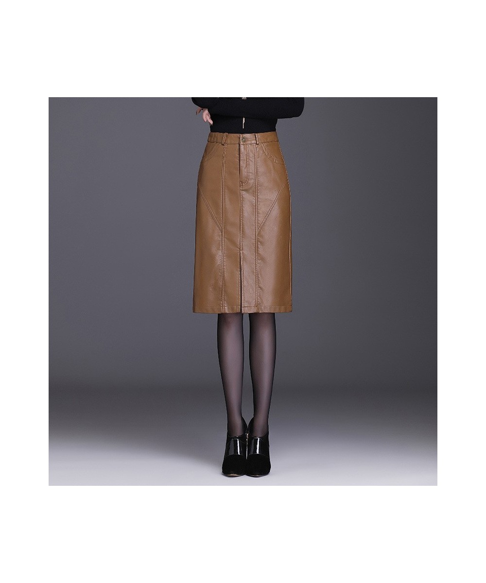 Leather Skirt Women Spring and Autumn Straight Skirt Solid Color Front Split PU Leather Knee Length Skirt Ladies Woman Skirts...