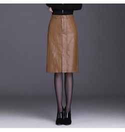 Leather Skirt Women Spring and Autumn Straight Skirt Solid Color Front Split PU Leather Knee Length Skirt Ladies Woman Skirts...