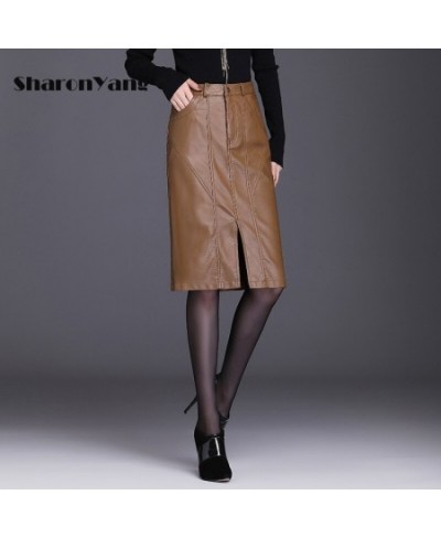 Leather Skirt Women Spring and Autumn Straight Skirt Solid Color Front Split PU Leather Knee Length Skirt Ladies Woman Skirts...