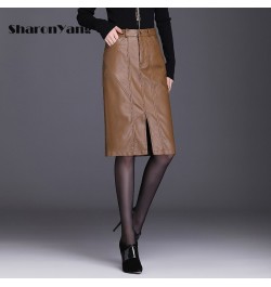 Leather Skirt Women Spring and Autumn Straight Skirt Solid Color Front Split PU Leather Knee Length Skirt Ladies Woman Skirts...