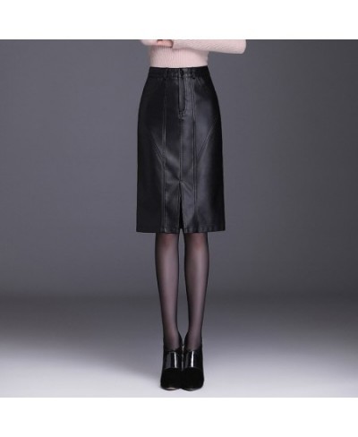 Leather Skirt Women Spring and Autumn Straight Skirt Solid Color Front Split PU Leather Knee Length Skirt Ladies Woman Skirts...