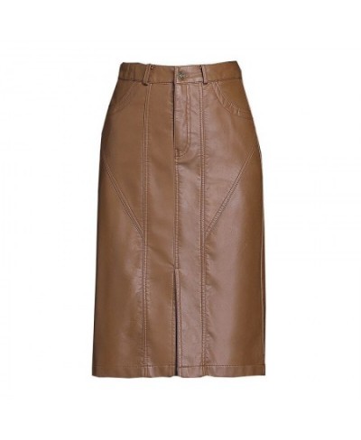 Leather Skirt Women Spring and Autumn Straight Skirt Solid Color Front Split PU Leather Knee Length Skirt Ladies Woman Skirts...