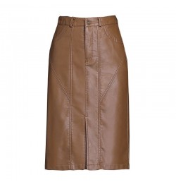 Leather Skirt Women Spring and Autumn Straight Skirt Solid Color Front Split PU Leather Knee Length Skirt Ladies Woman Skirts...