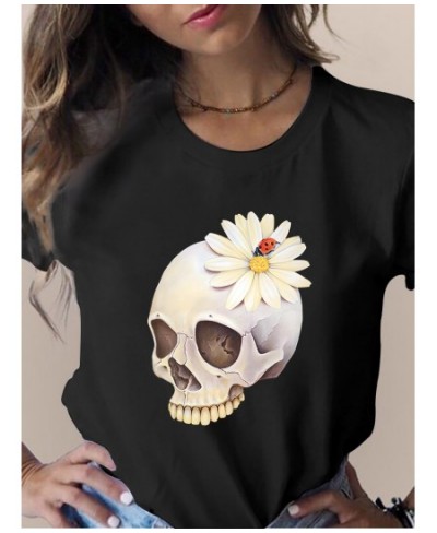 Summer Skull Flowers Fashion Women T-Shirt Graphic TShirt Lady Harajuku Tops 90s Short Sleeve Funny Tee Shirts Girls Clothes ...