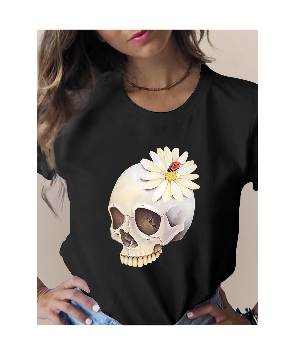 Summer Skull Flowers Fashion Women T-Shirt Graphic TShirt Lady Harajuku Tops 90s Short Sleeve Funny Tee Shirts Girls Clothes ...